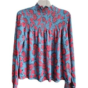 Abercrombie & Fitch Sheer Floral Mock Neck Shirred Long Sleeve Blouse Small